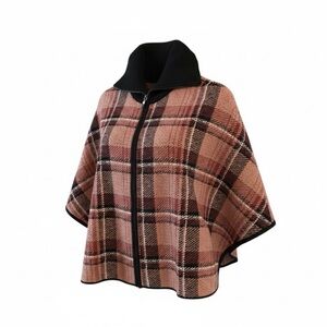 Tahari Brown Red Black Plaid Sweater Poncho Full Zip Up Oversized Knit Pockets